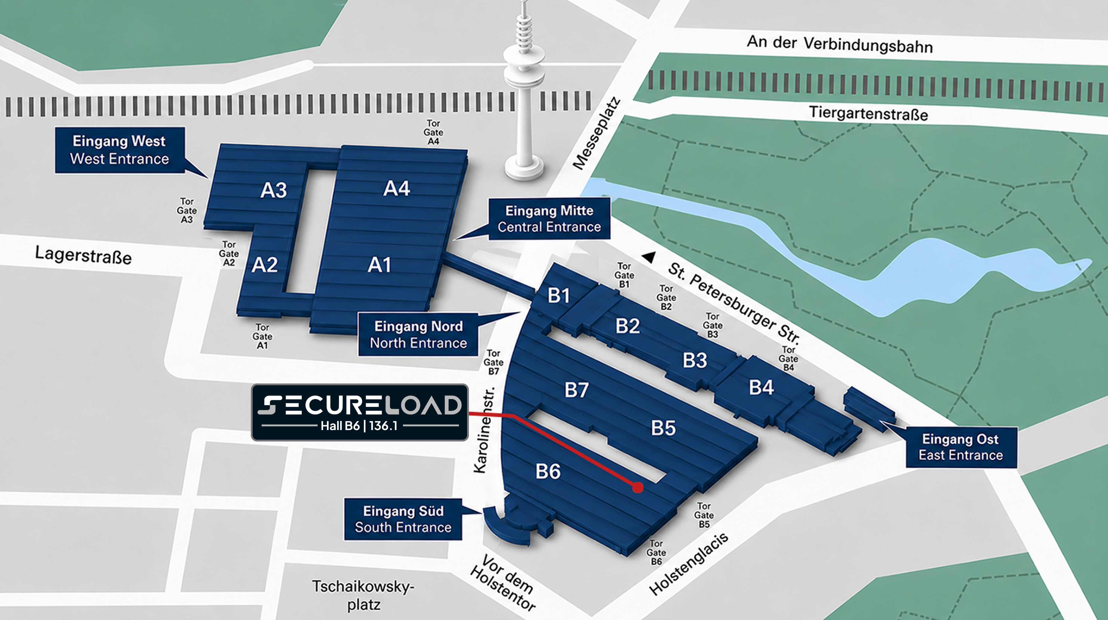 SMM Hamburg 2026 venue map showing SecureLoad at Hall B6, Stand 136.1